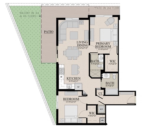 Floor plan for 2 beds, 2 baths, 1000 sqft
